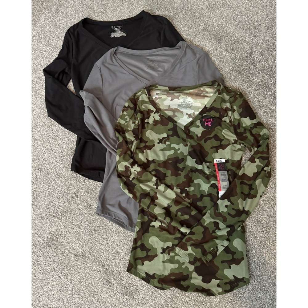 No Boundaries Women Long Sleeve V-Neck Shirt Bundle Camo Black Gray Size S 3-5
